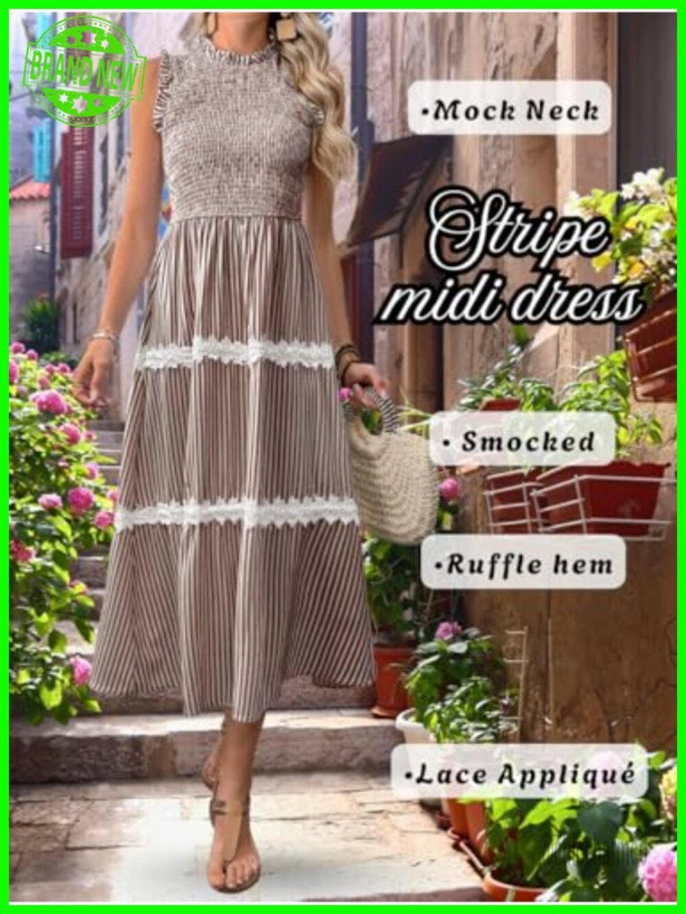 Striped Midi Dress Casual Flowy Smocked Sundress Lace Trim Sleeveless - Picture 3 of 6